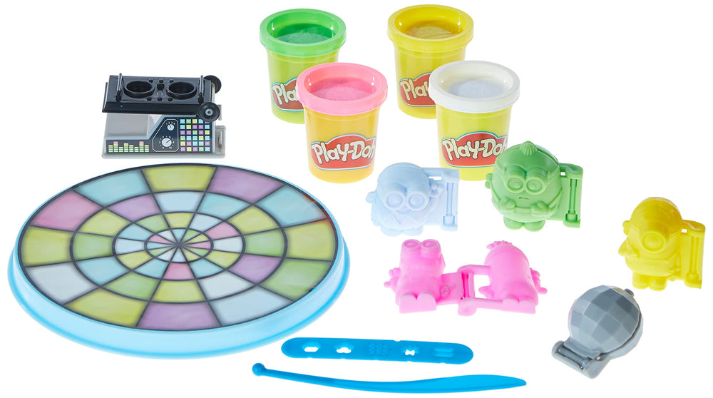 Play-Doh Minions disco accessories with DJ turntable for party-ready creative play.