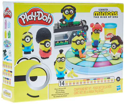 Play-Doh Minions Rise of Gru disco dance-off pack with colorful minion molds for creative play.