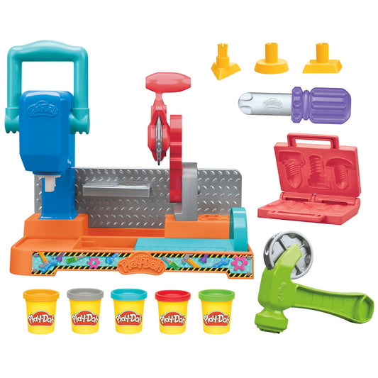 Play-Doh Stamp & Saw Tool Bench in a colorful setup sparks imaginative construction play