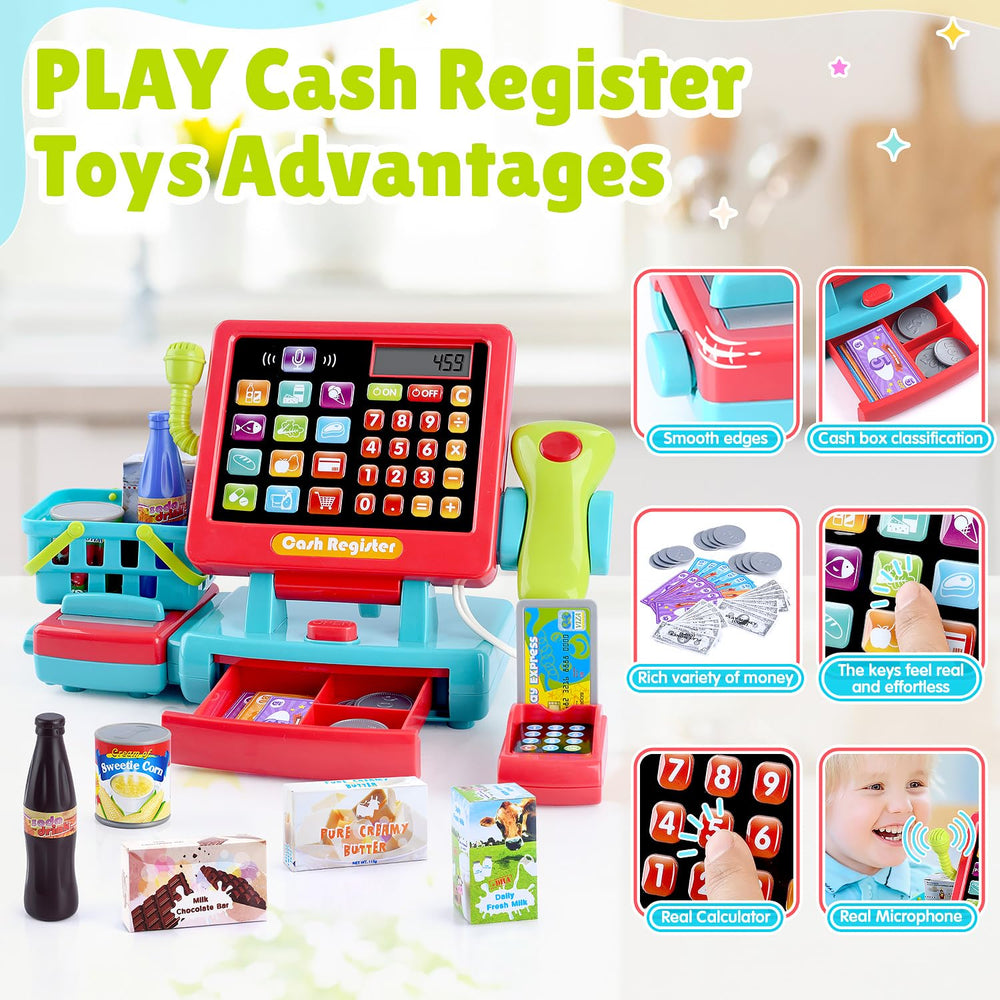 Built-in microphone on PLAY cash register boosts storytelling during pretend shopping.