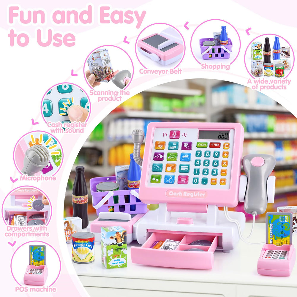 PLAY cash register toy scanner lights up while reading items for fun learning