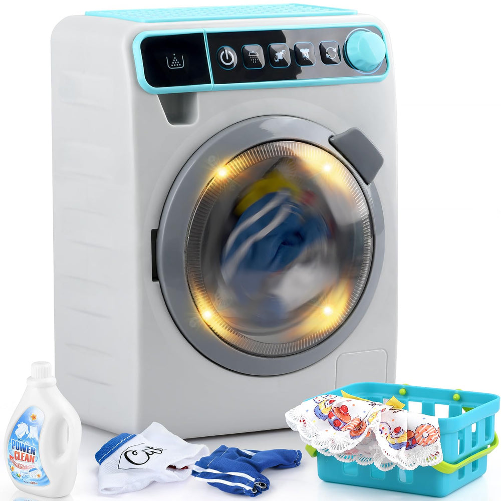 Play Kids Washing Machine front view with realistic controls and lights for pretend play.