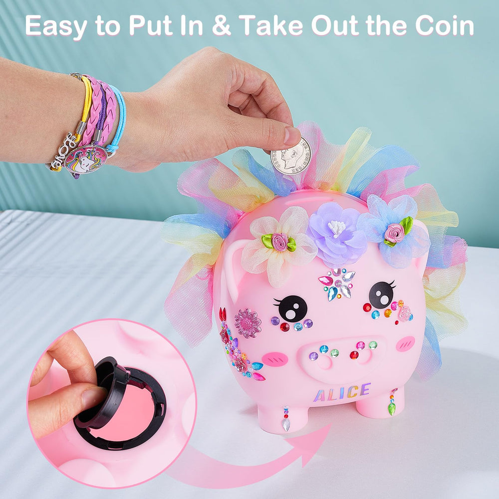 Play Tailor unicorn piggy bank sits as cheerful room décor.