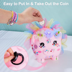 Play Tailor unicorn piggy bank sits as cheerful room décor.