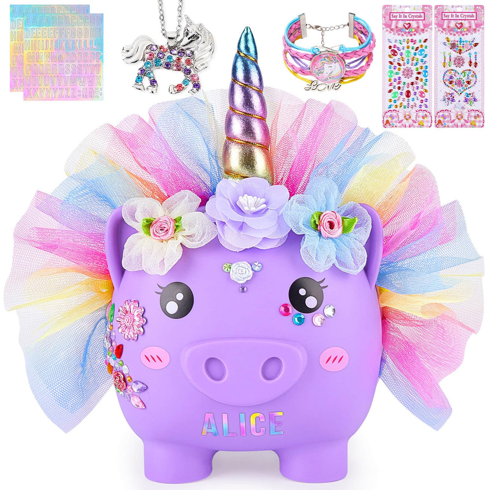 Play Tailor unicorn piggy bank with DIY kit closeup for creative decorating.