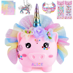 Play Tailor unicorn piggy bank with dress decorations for imaginative play.