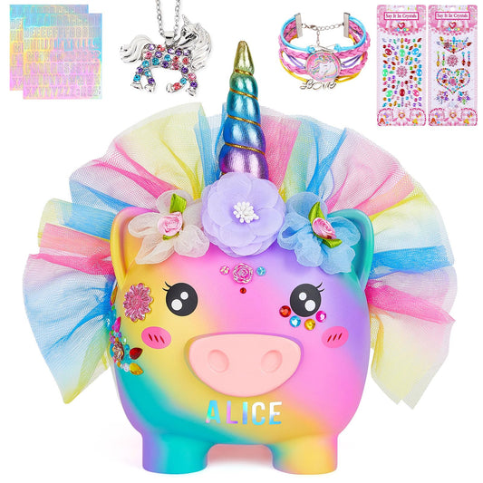 Play Tailor unicorn piggy bank with rainbow dress for imaginative saving.