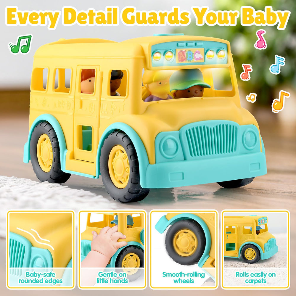 PLAY Yellow School Bus sleep-safe button prevents wakeups during naps.