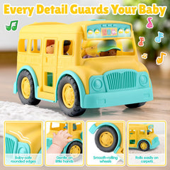 PLAY Yellow School Bus sleep-safe button prevents wakeups during naps.