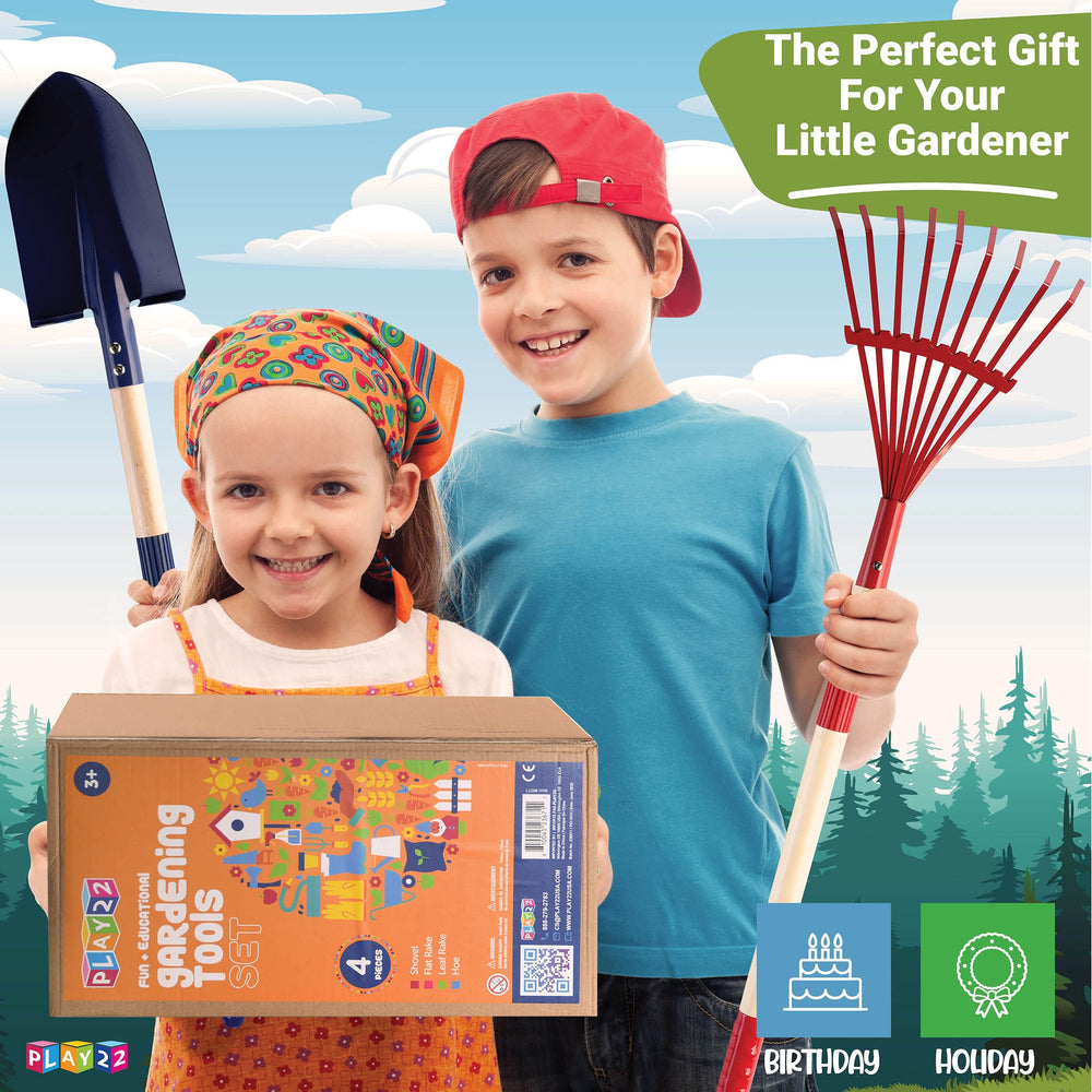 Play22 Kids Garden Tool Set metal-head closeup shows durable construction