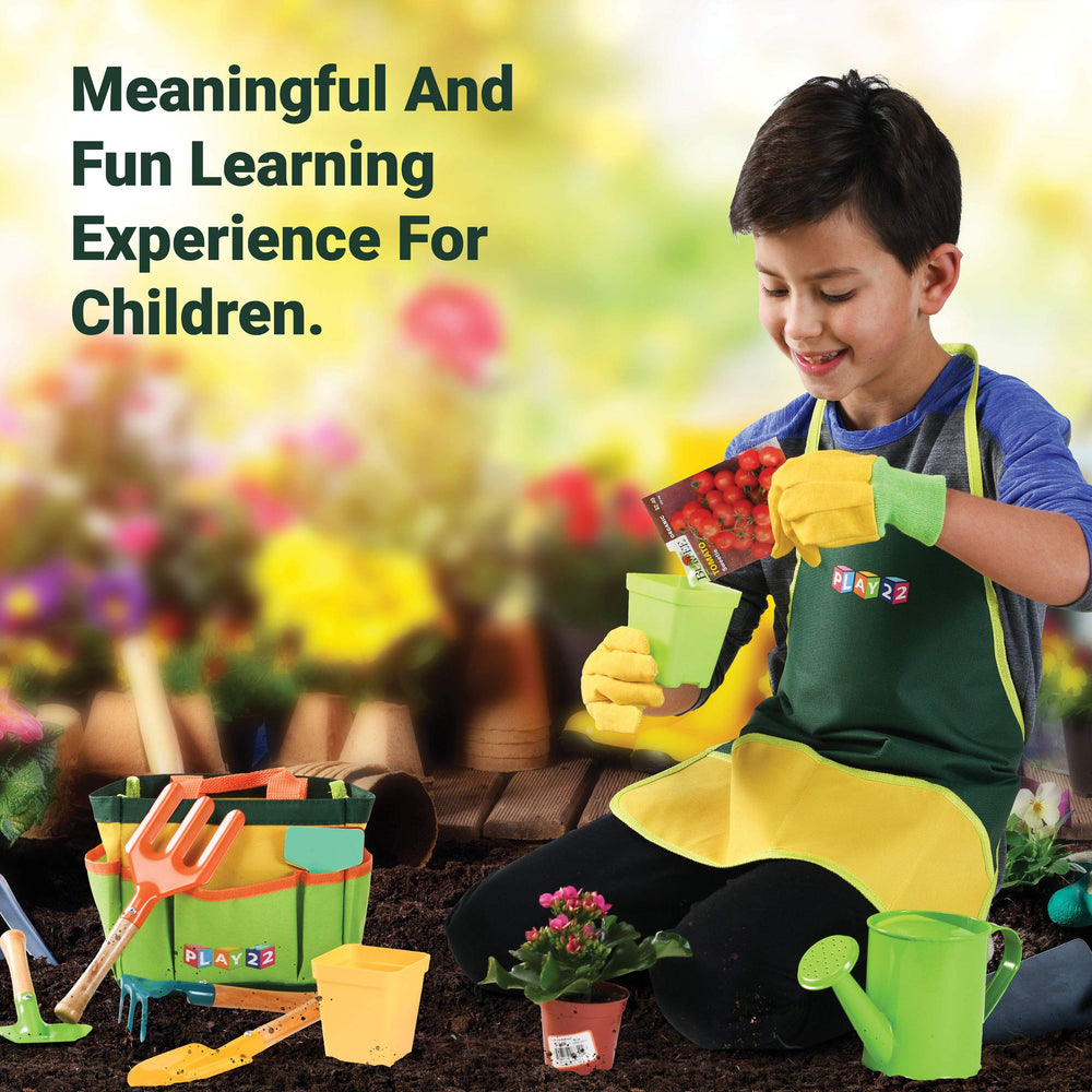 Play22 kids gardening tool set 12pcs apron-gloves protect little gardeners during playtime.