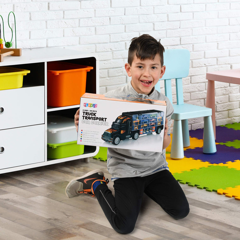 Play22 Toy Truck Carrier side view showing 28-slot storage and portable design.