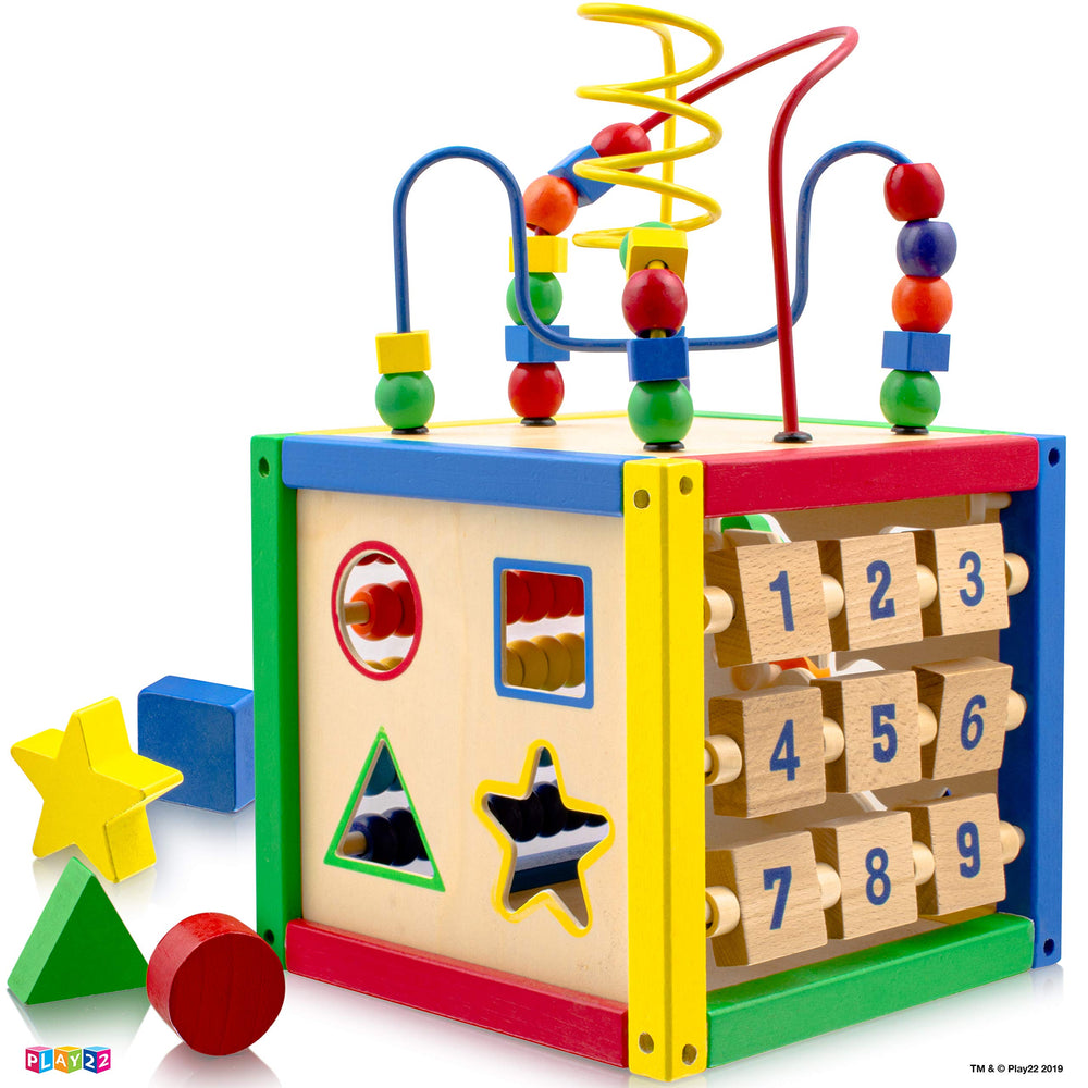 Play22 wooden activity cube removable bead maze on top adds interactive play