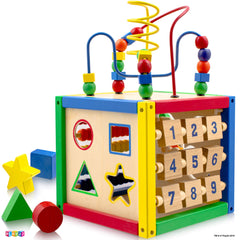 Play22 wooden activity cube removable bead maze on top adds interactive play