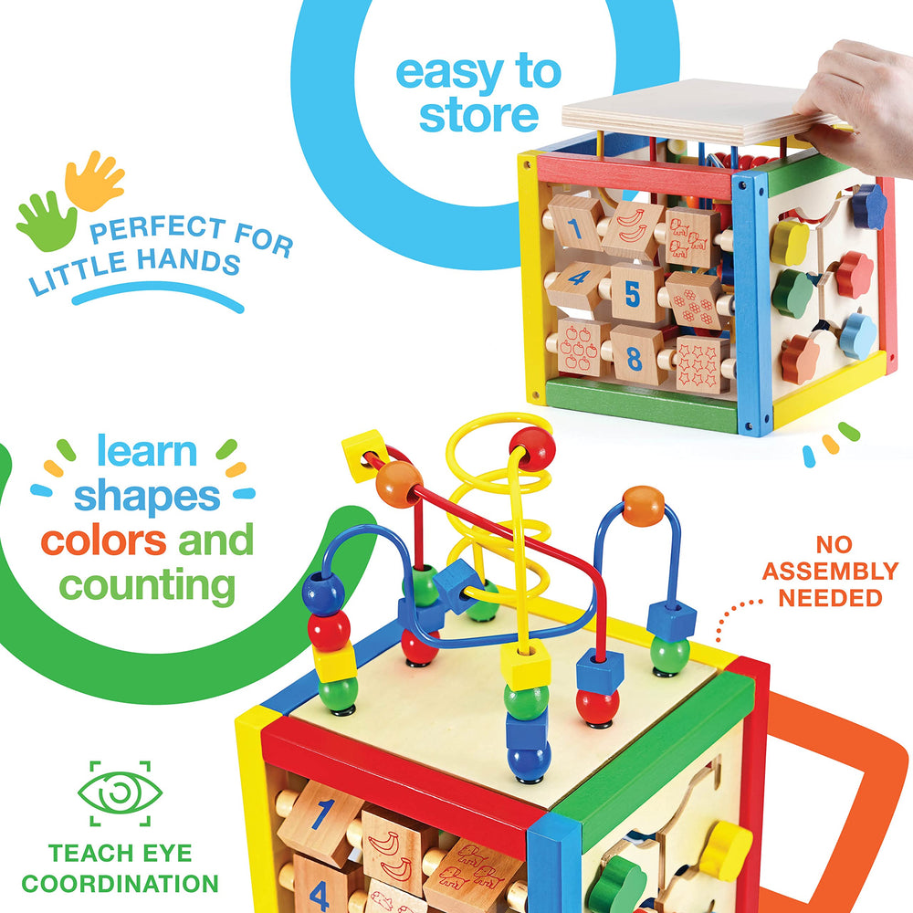 Play22 wooden activity cube sliding shapes encourages problem solving