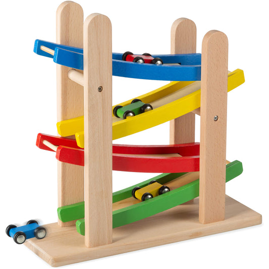 Play22 wooden car ramps four-level track top view for imaginative play