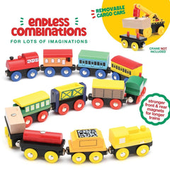 Play22 magnetic cargo car highlights strong magnets for quick linking.