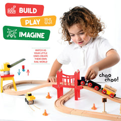 Play22 wooden train bridge feature highlights creative engineering and cooperative storytelling.