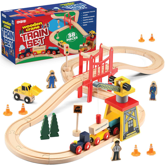 Play22 wooden train set tracks layout for toddlers, boosting imaginative construction play.