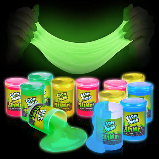 Playbees glow-in-the-dark slime 24-pack glows under light for vibrant party play