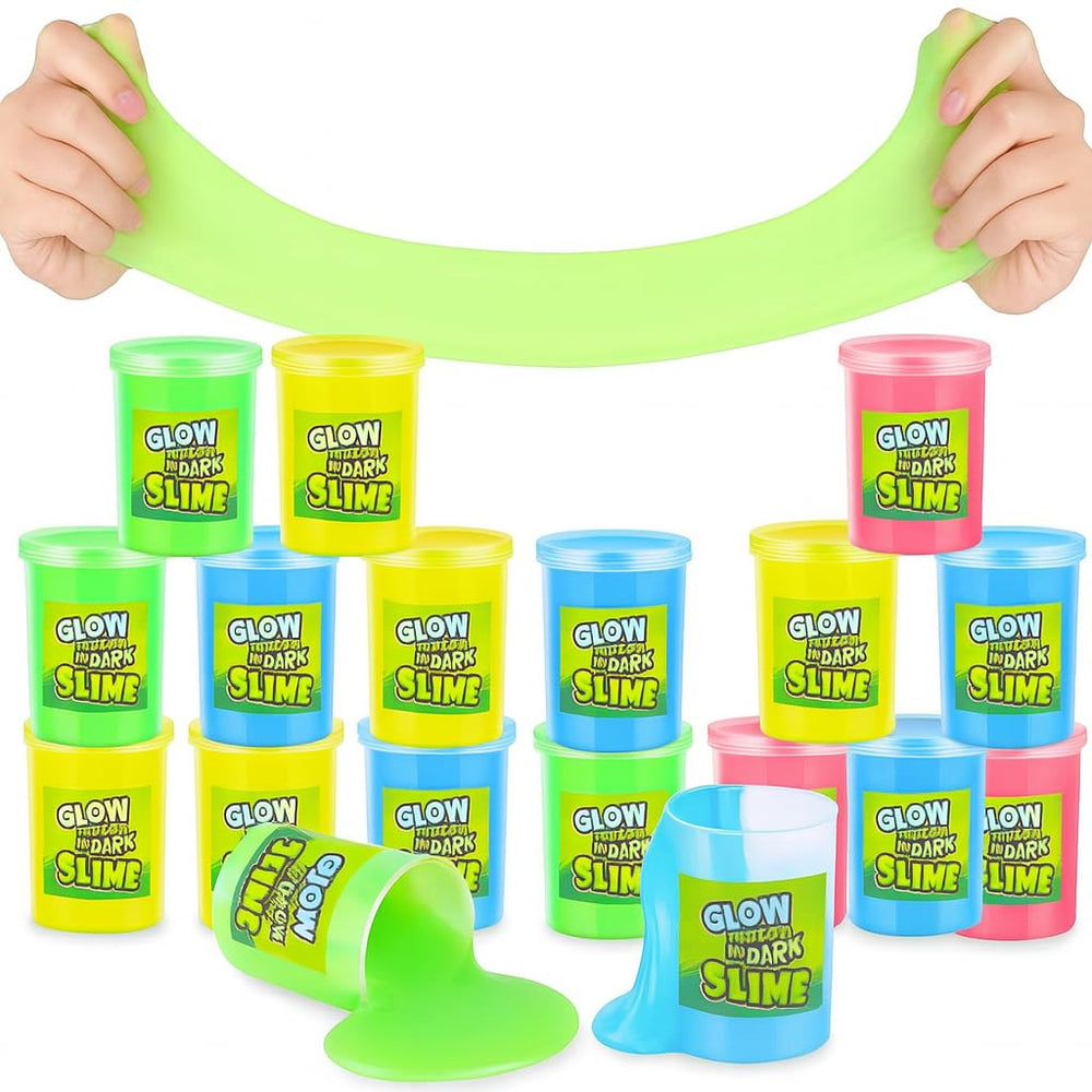 Playbees neon green glow slime in a 12-pack for glowing party favors and sensory play.