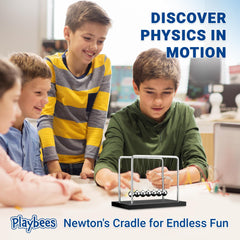 Playbees Newton's Cradle beads in motion demonstrate momentum transfer for a captivating classroom or office demo.