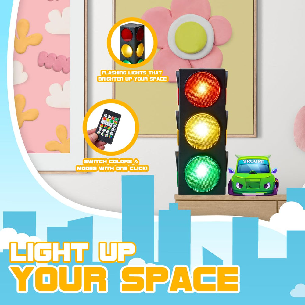 Party decor featuring the flashing traffic light lamp and festive colors