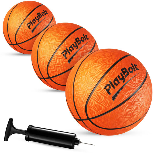 PlayBolt Size 3 mini basketballs 3-pack for kids' practice indoors with easy grip.