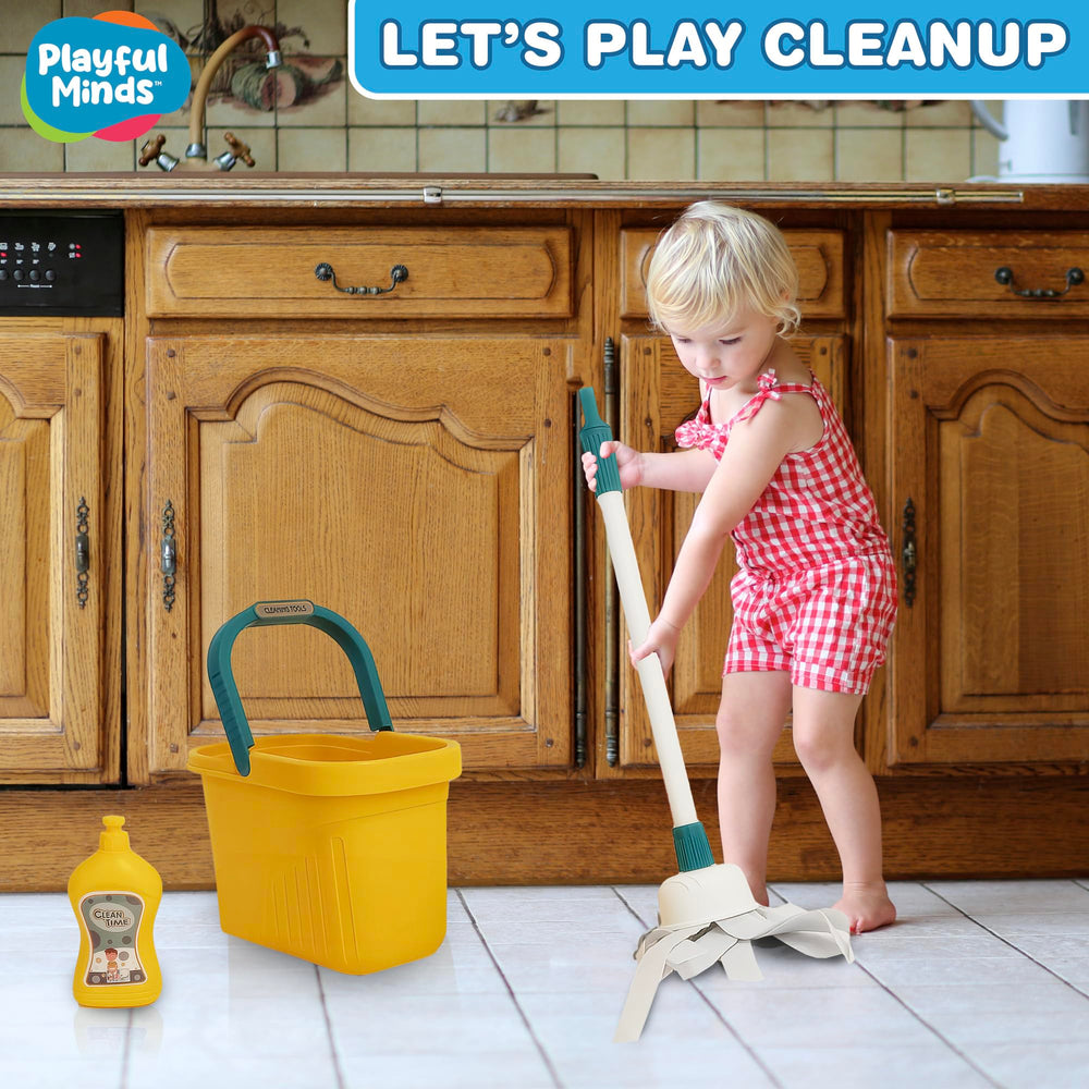 Playful Minds cleaning playset mop: realistic design sparks imaginative chores and coordination.