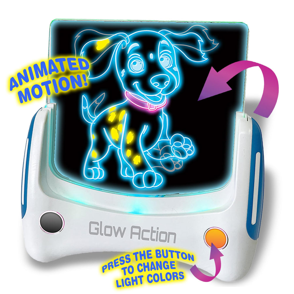 Playful Minds Glow Pad dry-erase surface enables endless reuse.