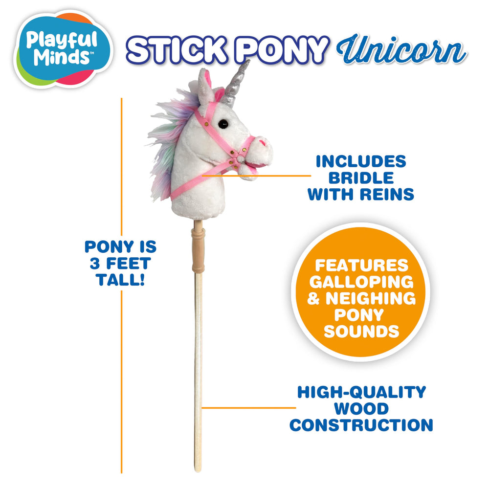Playful Minds Nature Bound Stick Horse ear-squeeze sound effects enrich pretend riding fun.