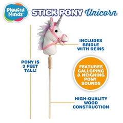 Playful Minds Nature Bound Stick Horse ear-squeeze sound effects enrich pretend riding fun.