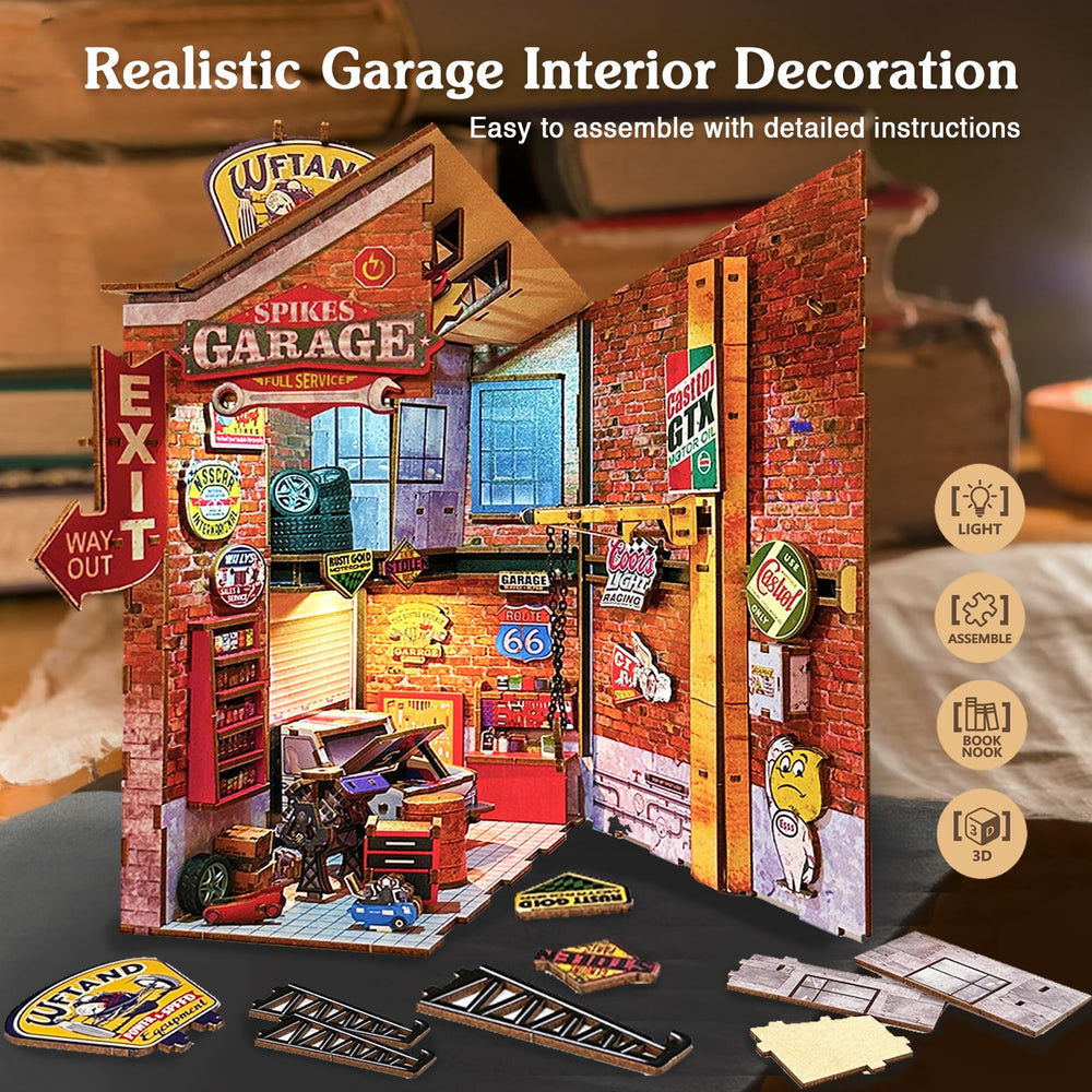 Playhiland Garage Book Nook Kit serving as a decorative bookend on a shelf