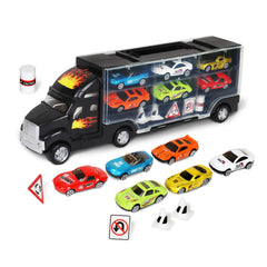 Playkidz car carrier truck side view showing roomy storage for toy cars.