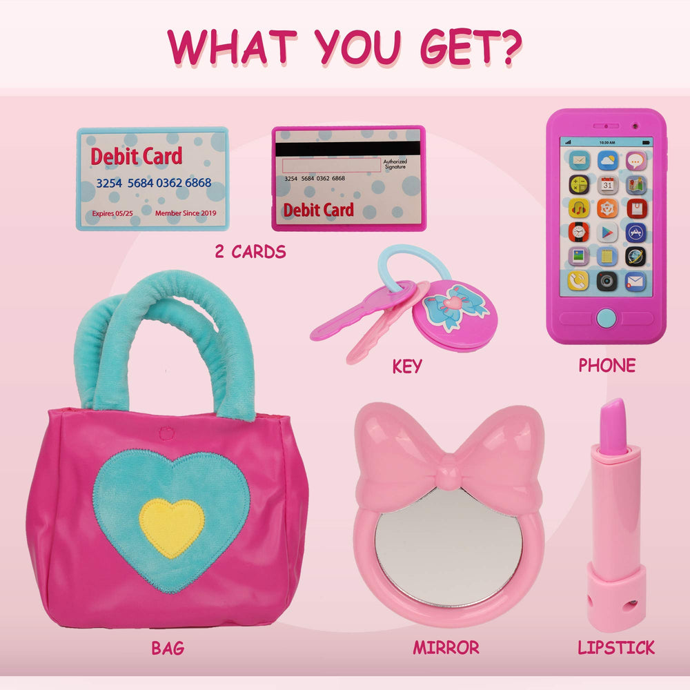 Playkidz Princess Purse open reveals phone and keys inside.