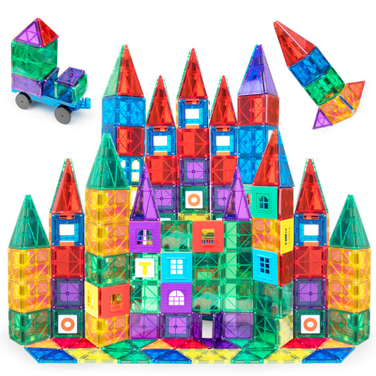 Playmags 150-piece magnetic tiles arranged for open-ended construction and imaginative play