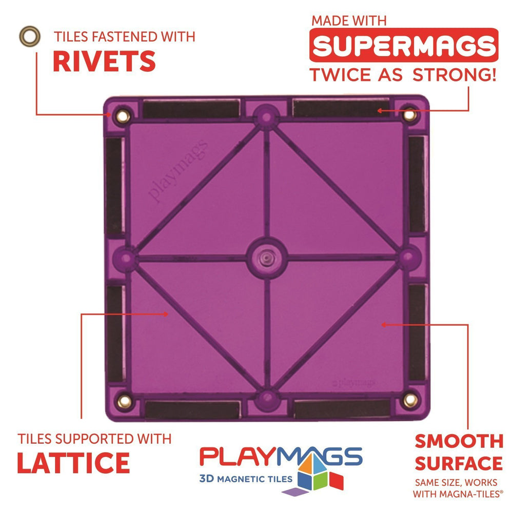 Playmags compatible magnetic tiles connect easily for quick play setups.