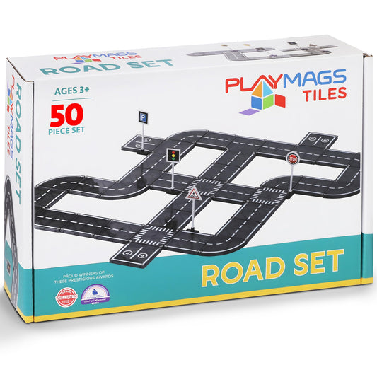 Playmags road tiles 50-piece set for creative city designs and STEM play.