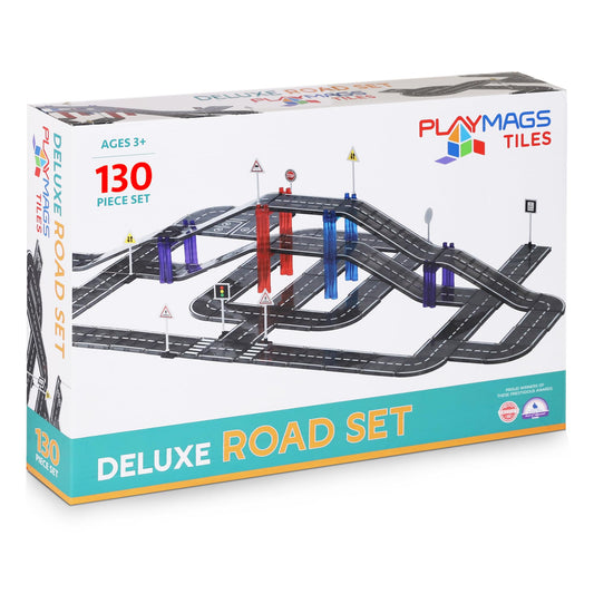 Playmags Road Set straight-curved pieces enable open-ended city building and imaginative driving.