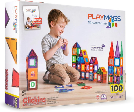 Playmags tiles assemble into vibrant structures, boosting fine motor skills.