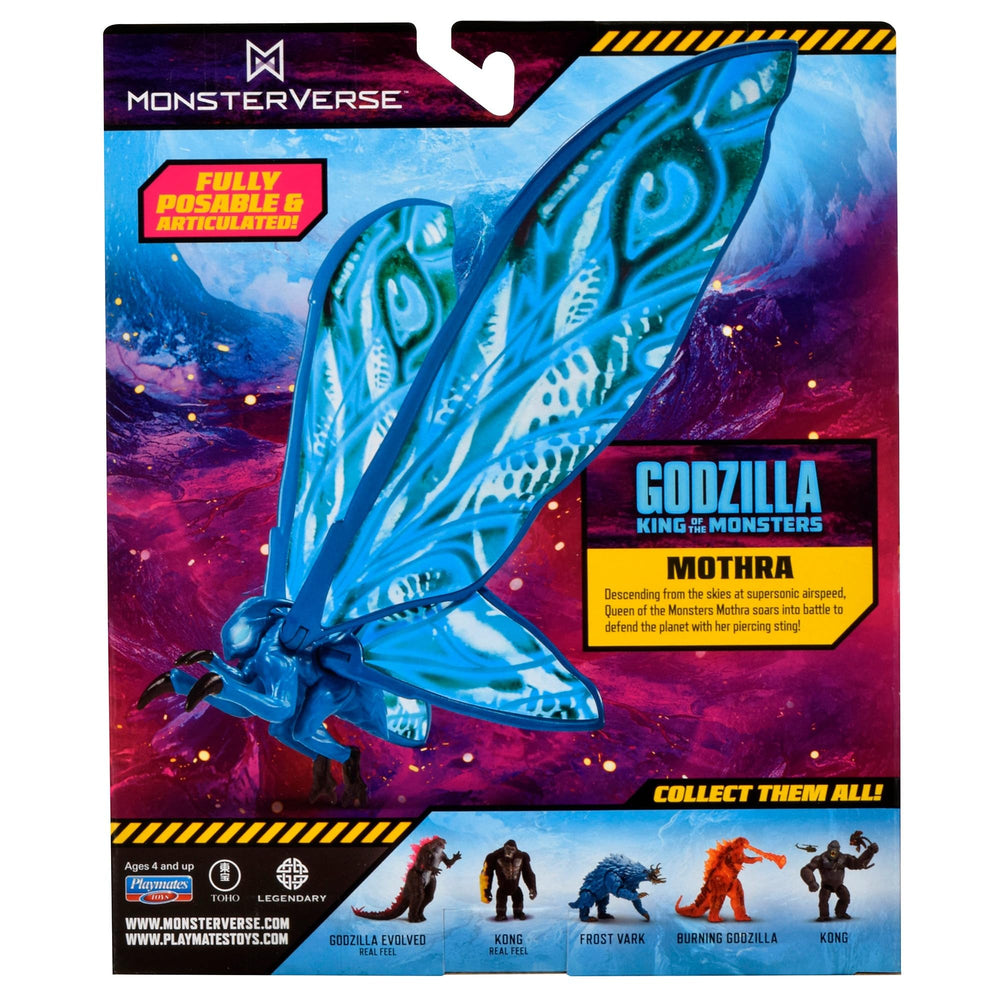 PlayMates MonsterVerse Mothra bioluminescent coloring enhances dramatic presence on shelf.