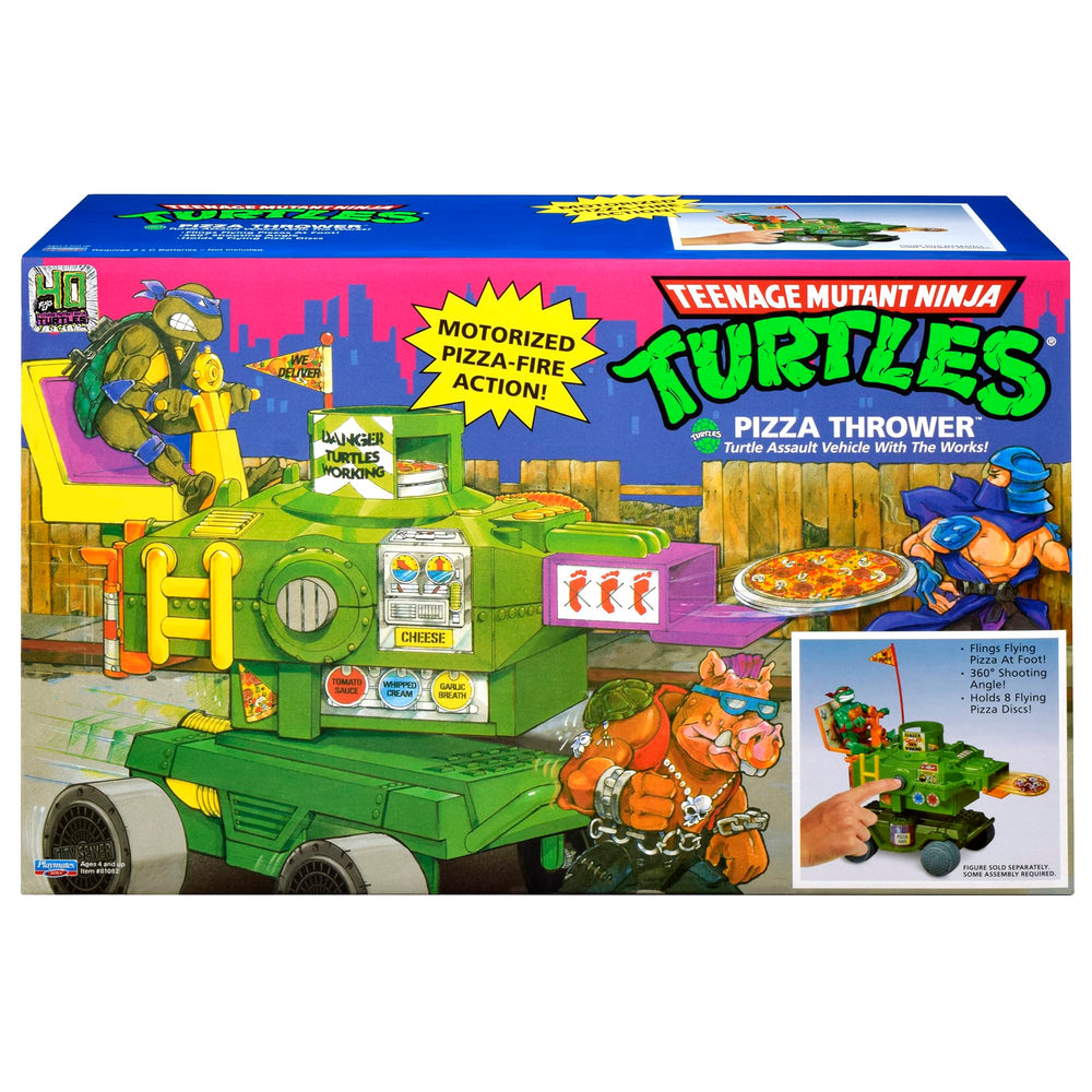 PlayMates TMNT Pizza Thrower Vehicle wheel detail supports rugged play.