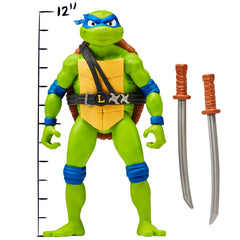 Playmates TMNT Mutant Mayhem Leonardo figure with twin katanas ready for battle display.