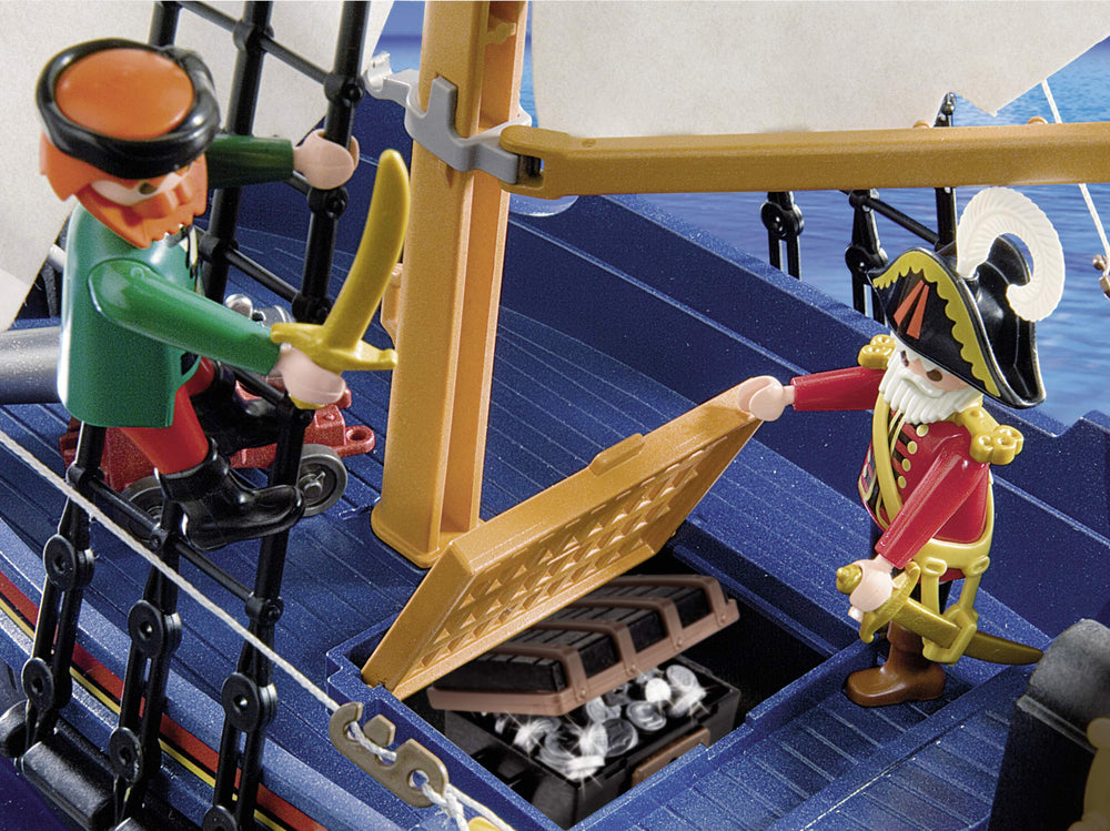 Playmobil 5810 pirate ship cannons close-up, inviting action-packed pretend battles.