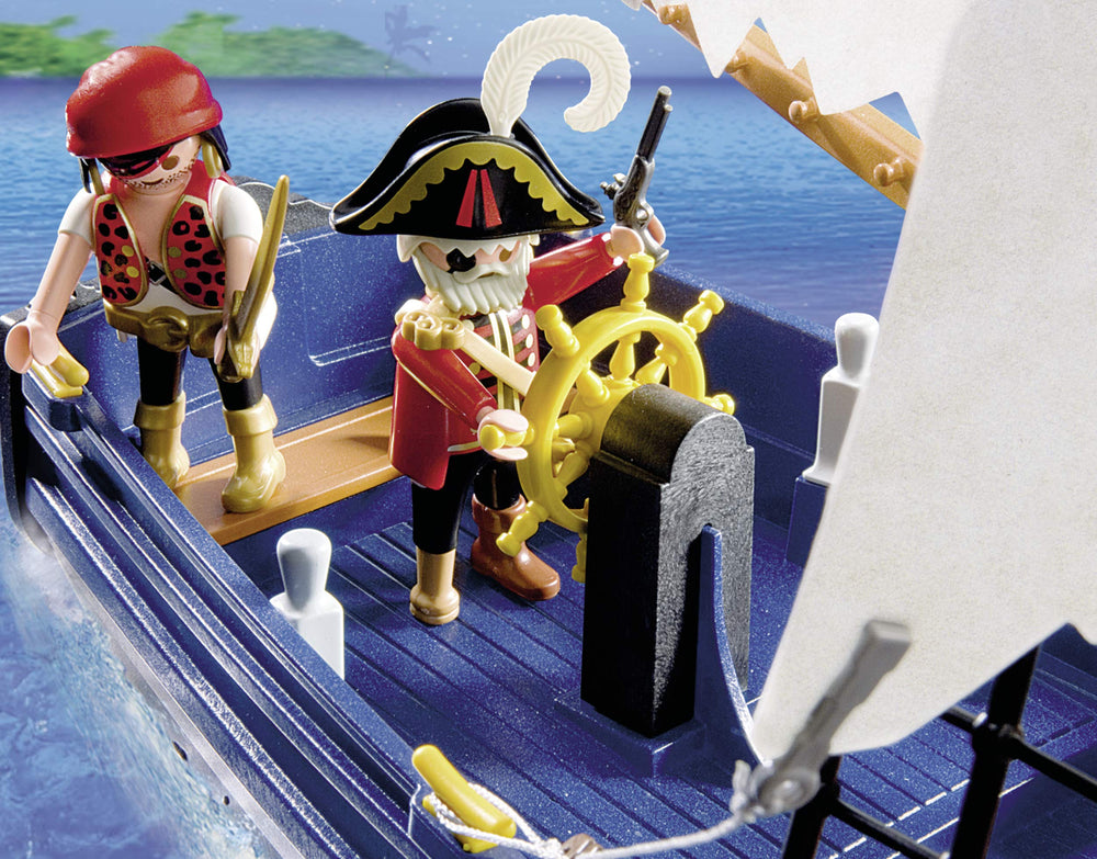 Playmobil 5810 pirate ship figures ready for interactive pirate adventures.