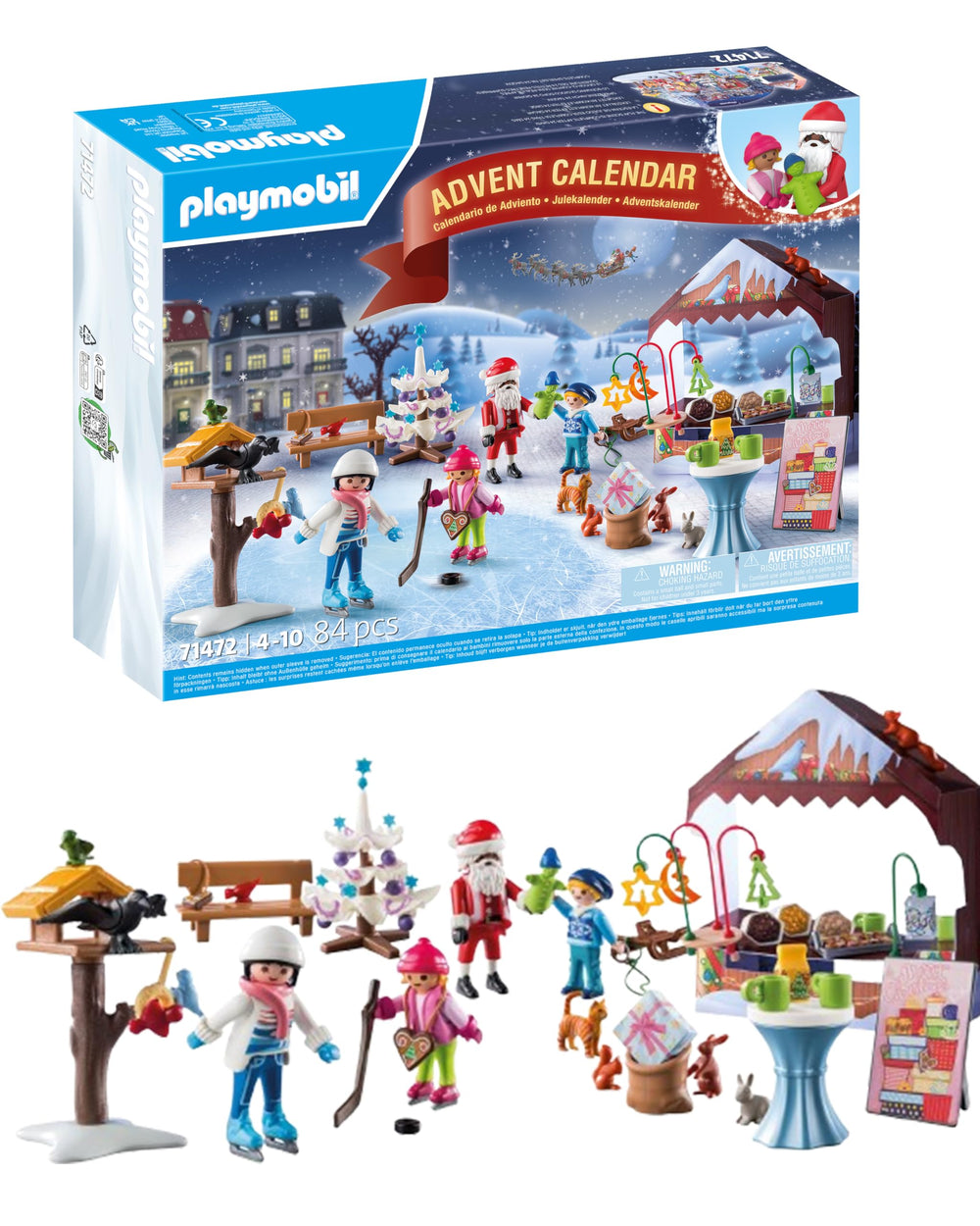 Playmobil Advent Calendar Christmas Market scene with stalls and lights for imaginative play.