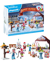 Playmobil Advent Calendar Christmas Market scene with stalls and lights for imaginative play.
