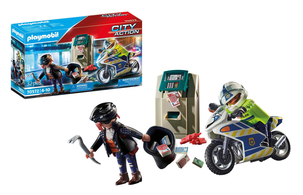 Playmobil Bank Robber Chase: police motorcycle pursues the robber in a dynamic play scene