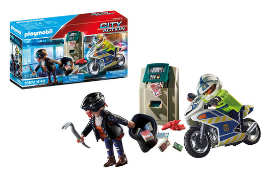 Playmobil Bank Robber Chase: police motorcycle pursues the robber in a dynamic play scene