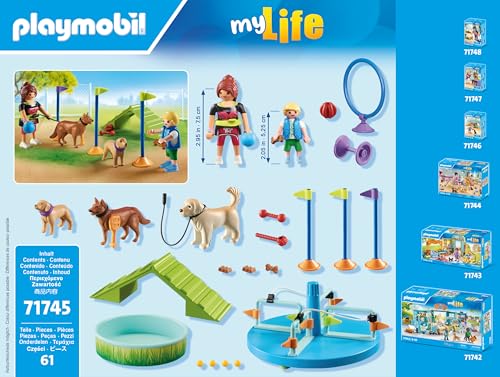 Playmobil Dog Park figures and dogs engaging with the park's features.